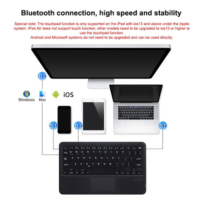 Bluetooth keyboard with touchpad shown with tablet and phone pairing