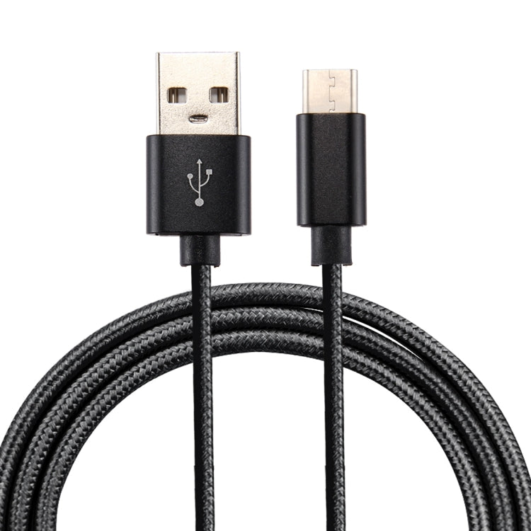 Black USB-A to USB-C data sync and charging cable with knit texture, 1m length