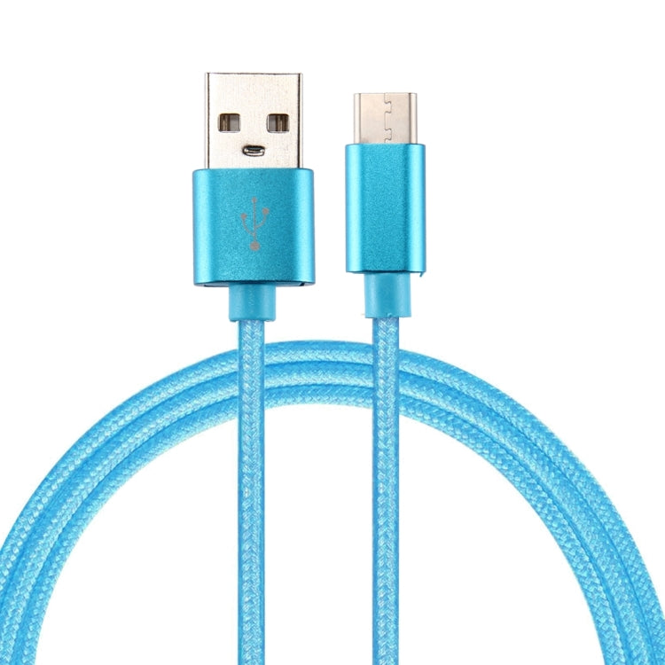 Blue USB-A to USB-C charging and data sync cable with knit texture, 1m