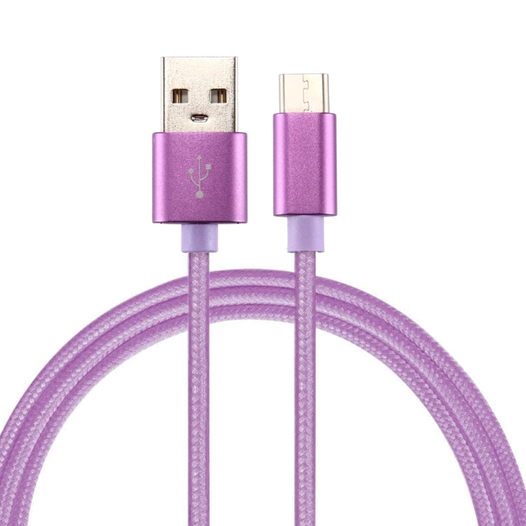Purple USB-A to USB-C charging data cable with braided knit texture