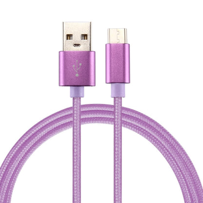 Purple USB-A to USB-C charging data cable with braided knit texture