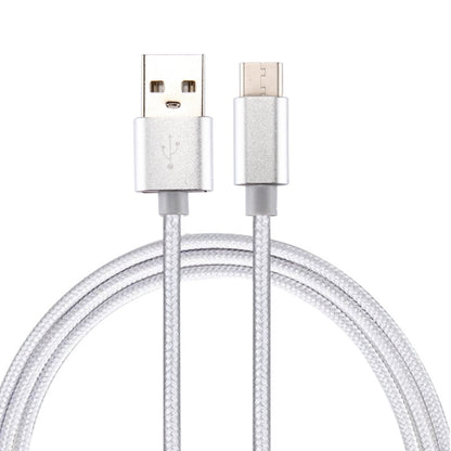 Silver USB-A to USB-C charging data cable with braided knit texture, 2m length