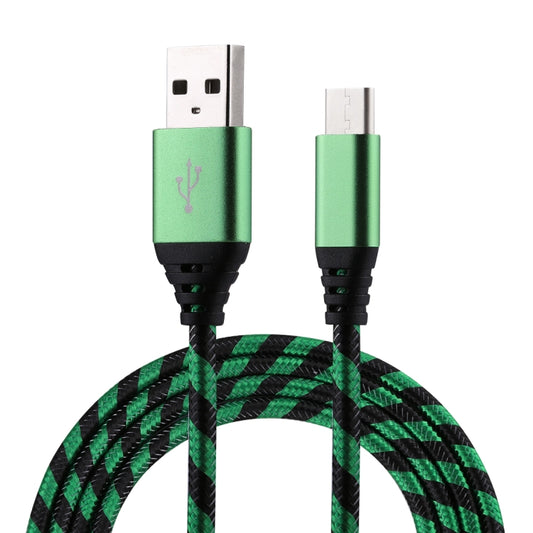 Nylon braided USB-A to USB-C cable with green metal housings and black USB ends