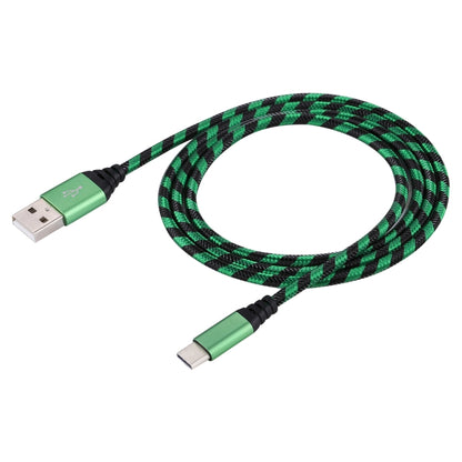 Green braided USB-A to USB-C cable with USB-A plug and USB-C plug end