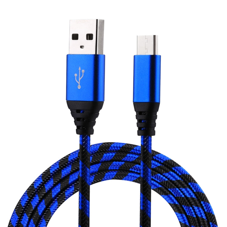Nylon braided USB-A to USB-C charging cable with blue metal housings and braided cord