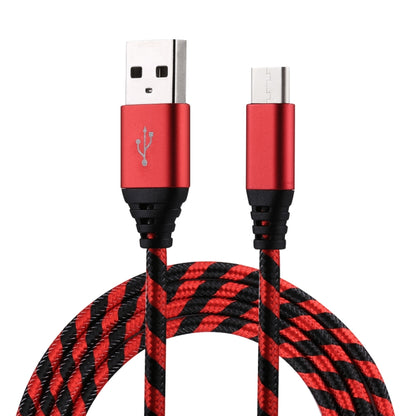 Nylon braided USB-A to USB-C charging cable with red metal housings and black plugs