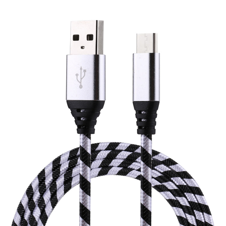Silver USB-A to USB-C cable with gray-and-black braided cord and black molded ends