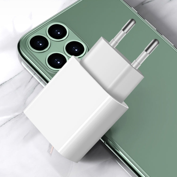White EU plug travel USB charger with two-prong plug and single USB port