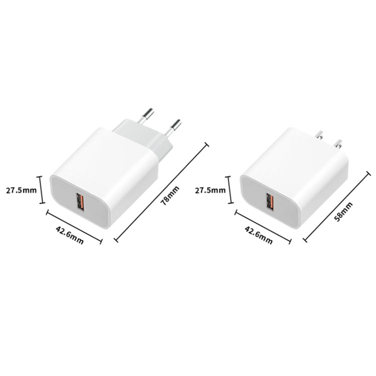 Compact white EU plug USB travel charger with single USB port, two-prong design