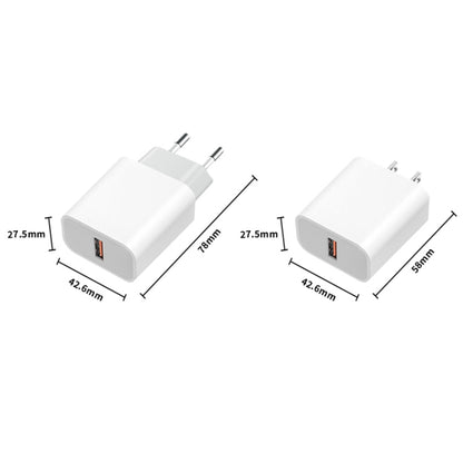 Compact white EU plug USB travel charger with single USB port, two-prong design