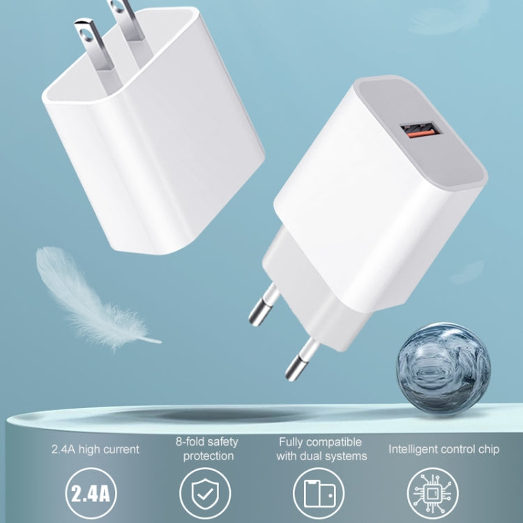 White EU plug USB travel charger with single USB port and small indicator window