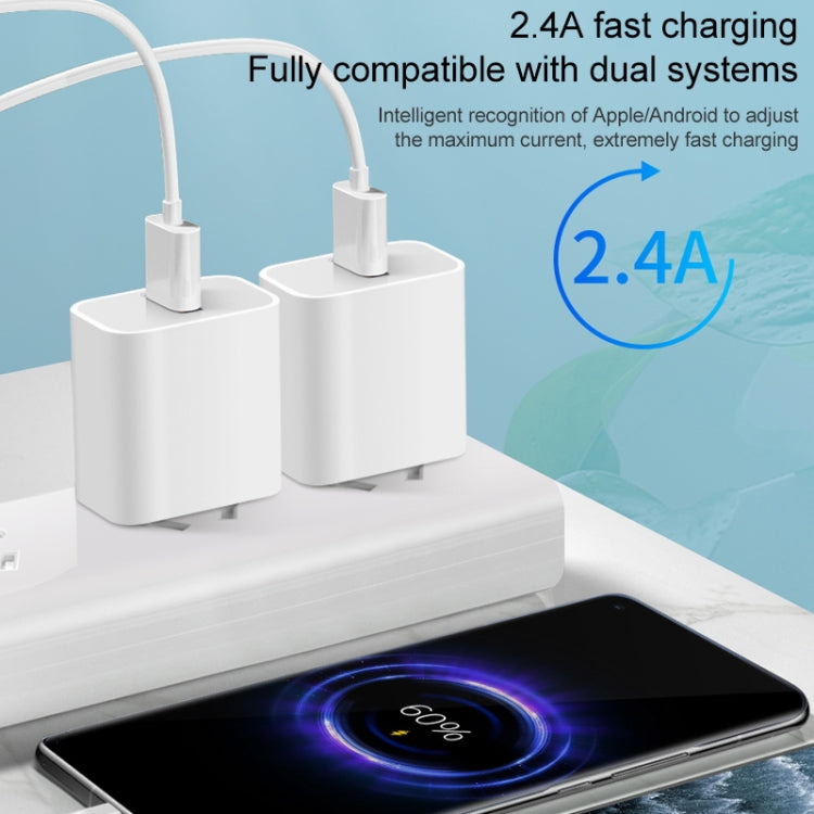 White EU plug USB travel charger with single USB port and cable inserted