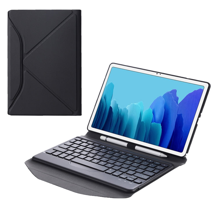 Black leather-look tablet case with Bluetooth keyboard, open stand and tablet screen