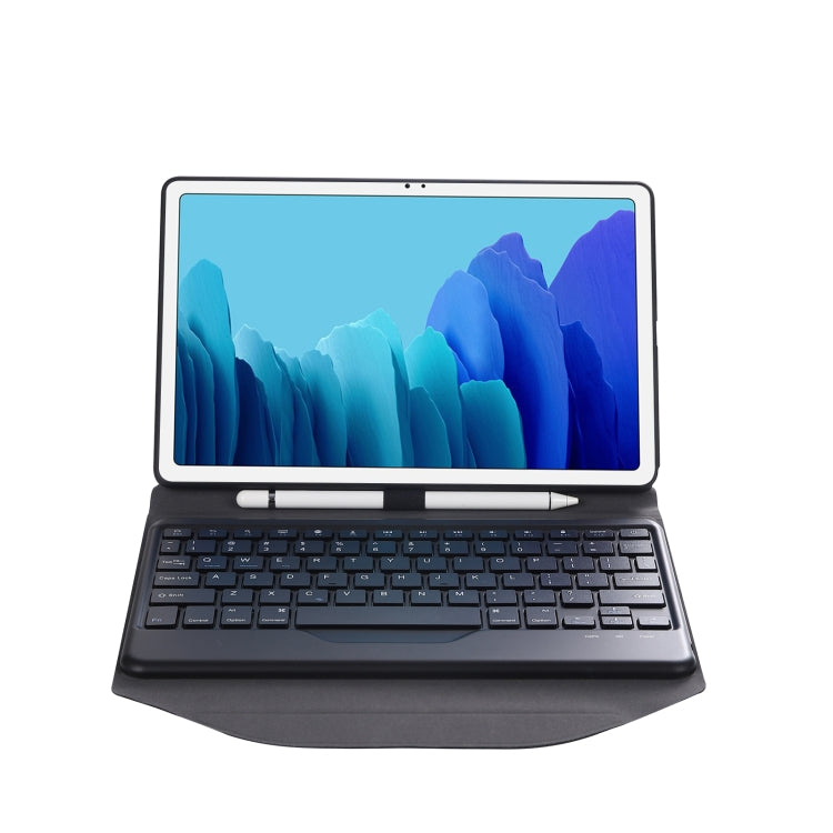 Black leather-look case with Bluetooth keyboard, tablet screen open in landscape