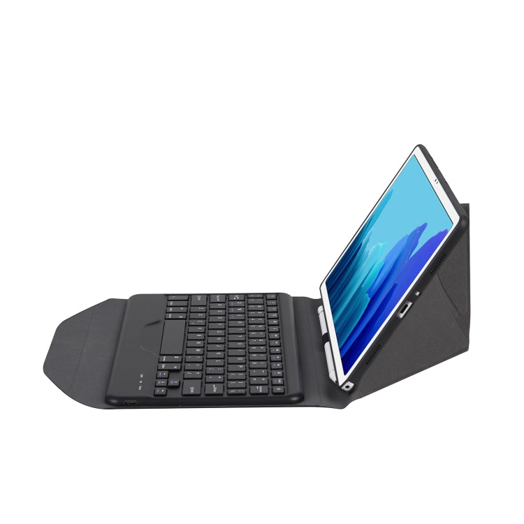 Black tablet case with Bluetooth keyboard hinge stand, tablet propped at an angle