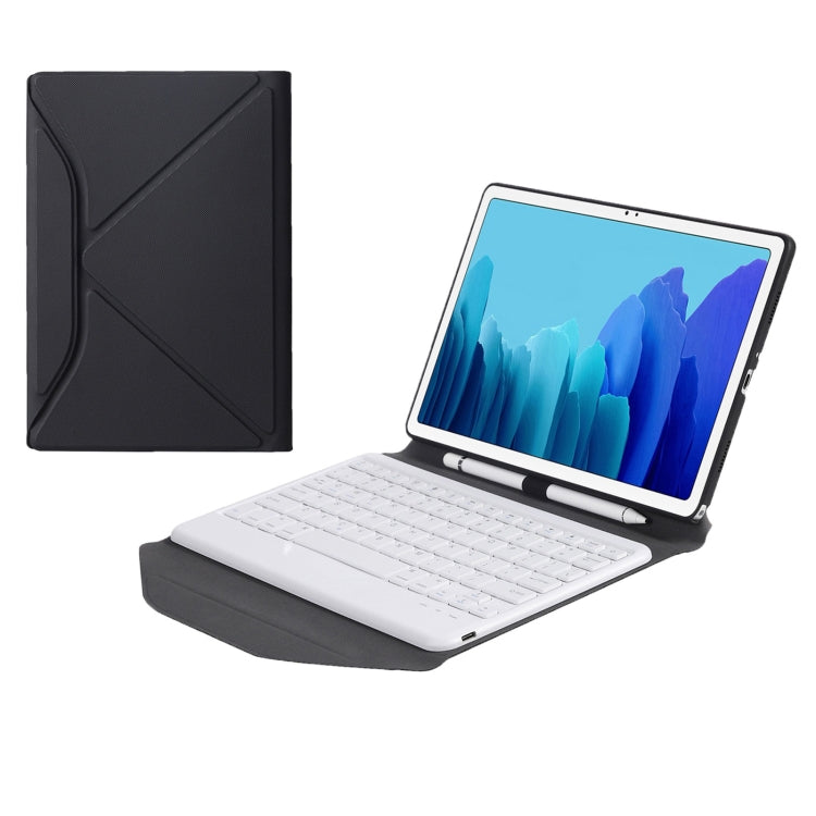 White and black tablet case with Bluetooth keyboard, open stand with tablet screen