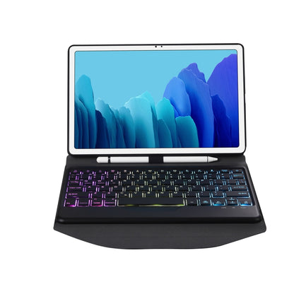 Black Bluetooth keyboard tablet case with backlit keys and open viewing stand