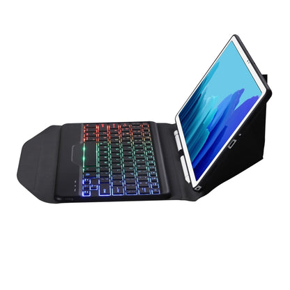 Black keyboard tablet case with backlit keys and tablet propped in stand