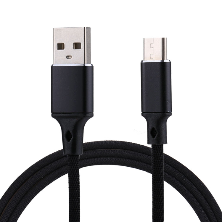 Black USB-A to USB-C charging and data cable with braided nylon jacket and metal ends