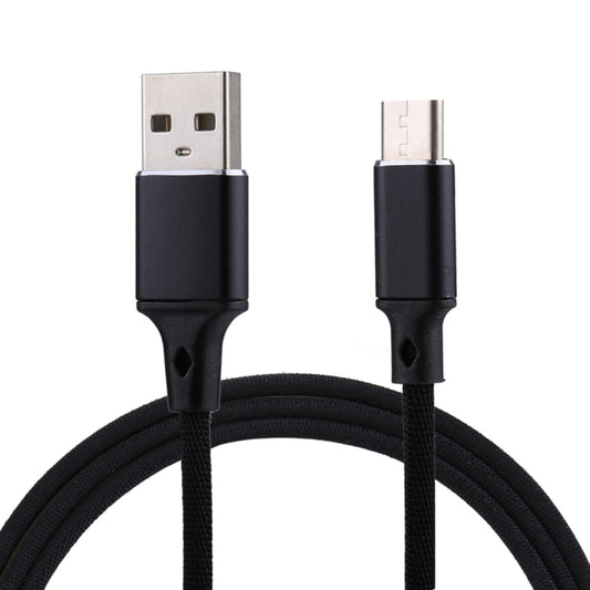 Black USB-A to USB-C charging and data cable with braided nylon jacket and metal ends