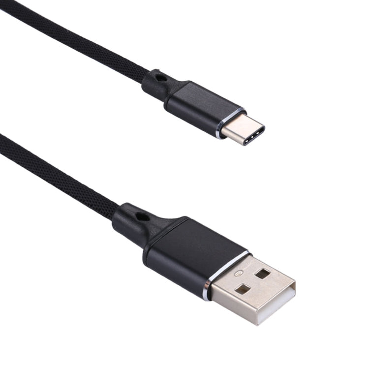 Black USB-A to USB-C cable with braided nylon jacket and metal connector tips