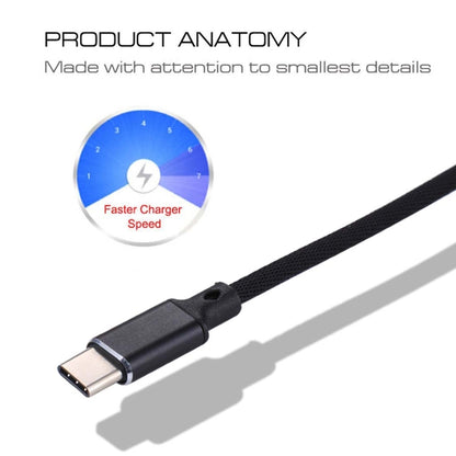 Black USB-A to USB-C charging cable with braided jacket and metal connectors