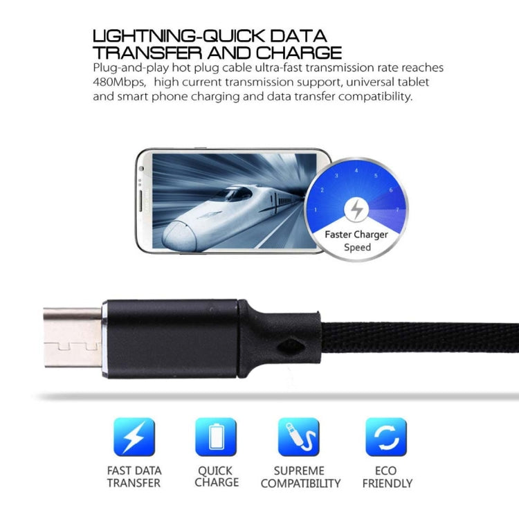 Black USB-A to USB-C cable with braided nylon jacket and metal plug ends