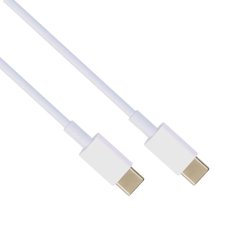 Close-up of white USB-C to USB-C cable with two gold-plated Type-C plugs