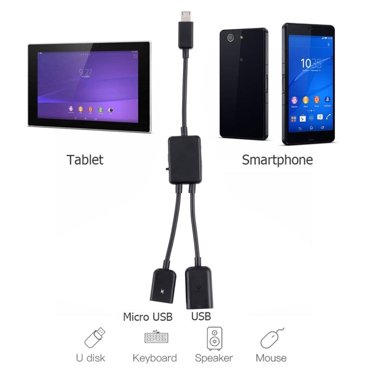Micro USB OTG adapter cable with micro USB connector and two accessory USB ports