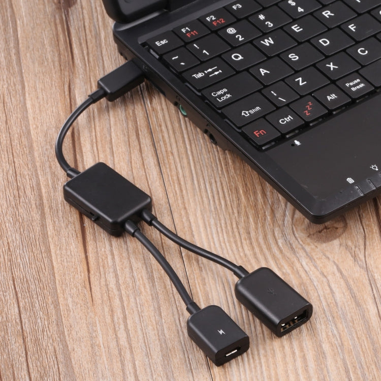 Micro USB OTG adapter cable with micro USB plug and dual USB-A ports, black