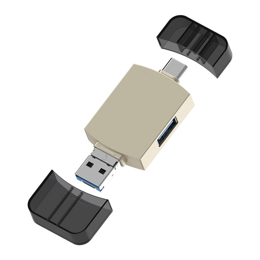 Gold USB-C to USB adapter with micro-USB plug and TF/SD card reader ports