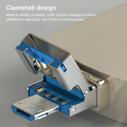 Clamshell USB-C card reader adapter with hinged micro-USB and TF/SD bay