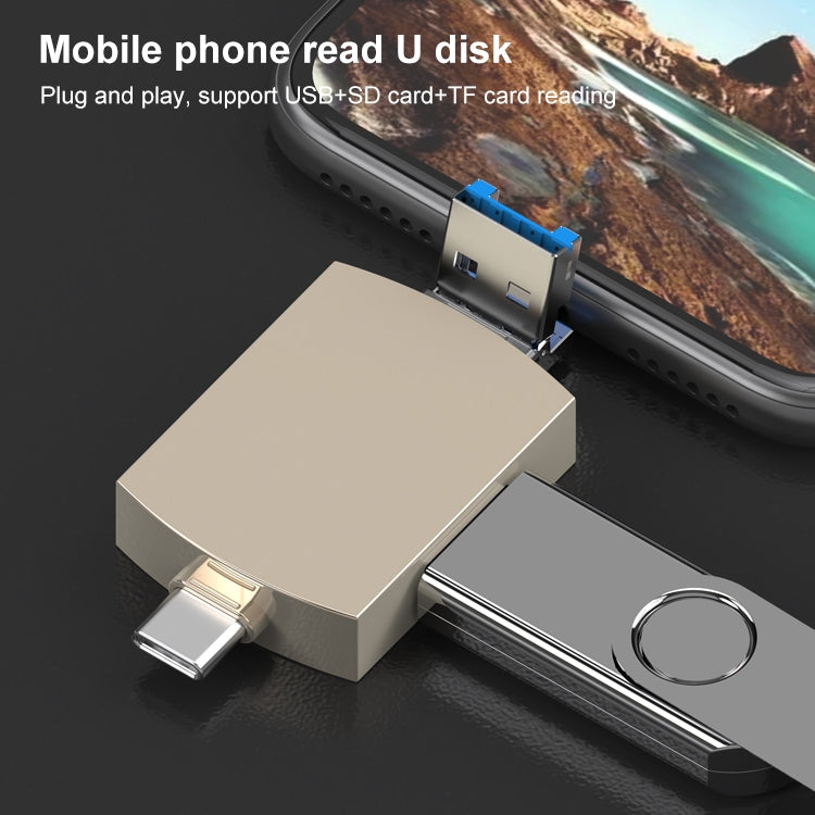 Gold USB-C OTG card reader adapter with micro-USB connector for mobile phones