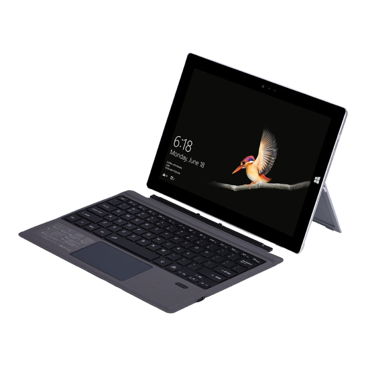 Blue backlit Bluetooth keyboard holster case for Microsoft Surface, tablet on adjustable stand
