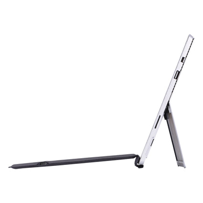 Silver keyboard holster case for Microsoft Surface, side profile with hinge stand