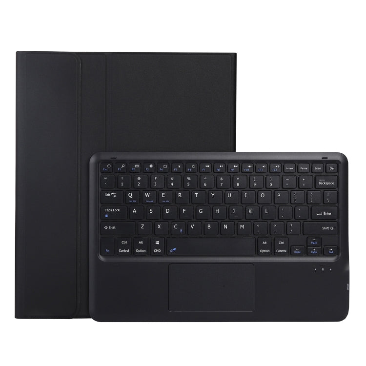 Black leather tablet case with built-in keyboard and touchpad, front cover open