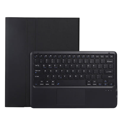 Black leather tablet case with built-in keyboard and touchpad, front cover open