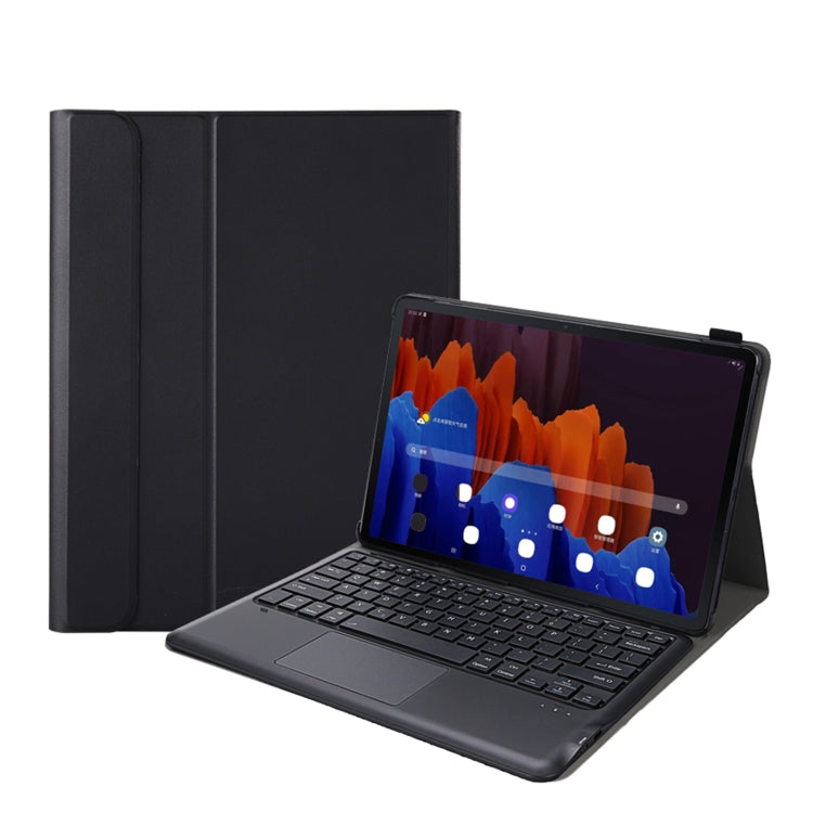 Black folio tablet case with detachable keyboard and touchpad, tablet propped open