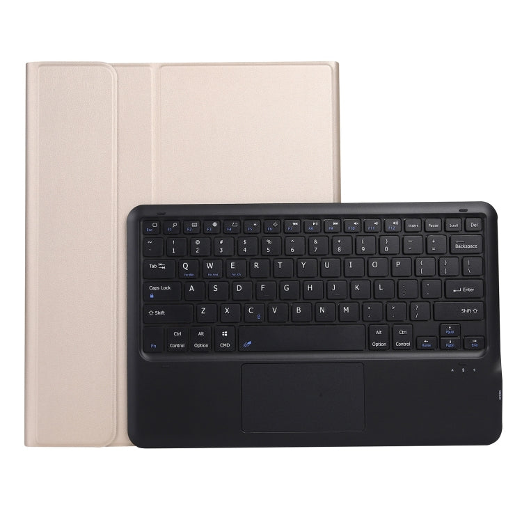 Light beige leather tablet case with built-in keyboard and touchpad, front cover open