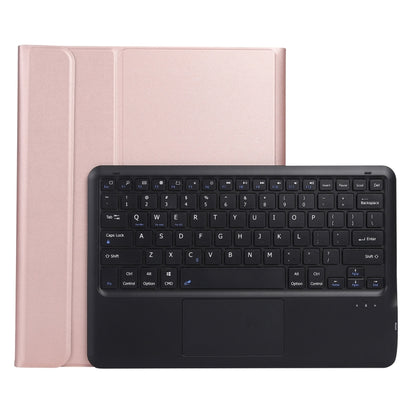 Rose gold leather tablet case with built-in keyboard and touchpad, front cover open