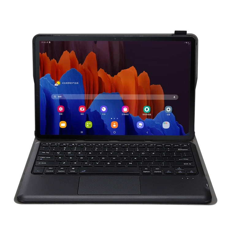 Black leather tablet case with detachable keyboard and touchpad, tablet screen on stand