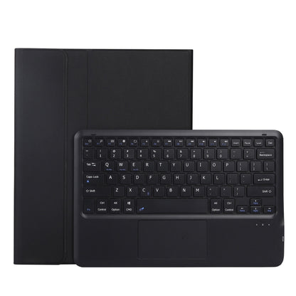 Black Bluetooth keyboard tablet case with trackpad and stand, front cover folded out
