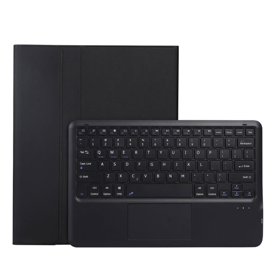 Black Bluetooth keyboard tablet case with trackpad and stand, front cover folded out