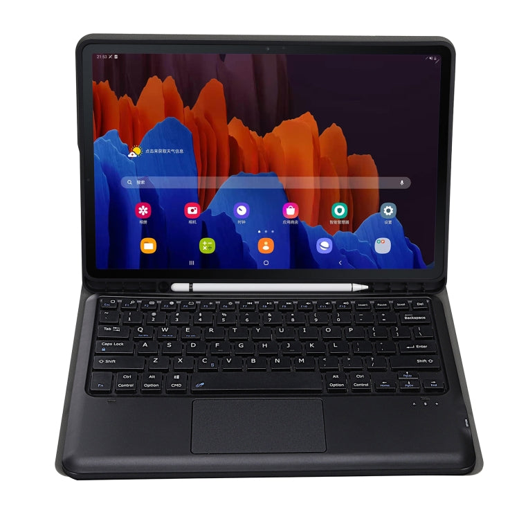 Black Bluetooth keyboard tablet case open, with backlit-style keys and trackpad
