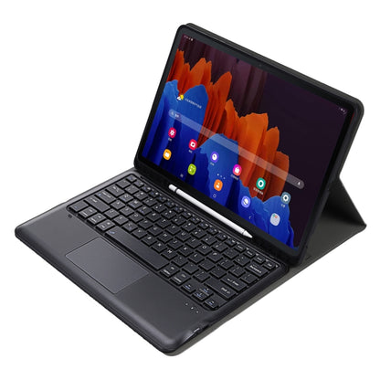 Black tablet keyboard case in angled stand view, screen on display