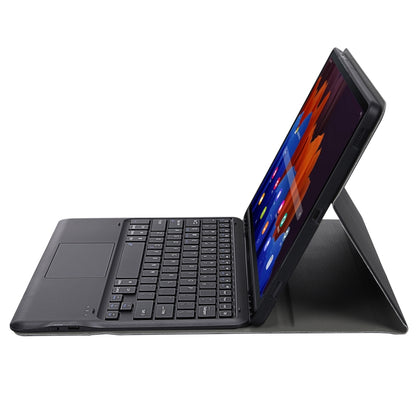 Black Bluetooth keyboard tablet case angled to side with stand and keys visible