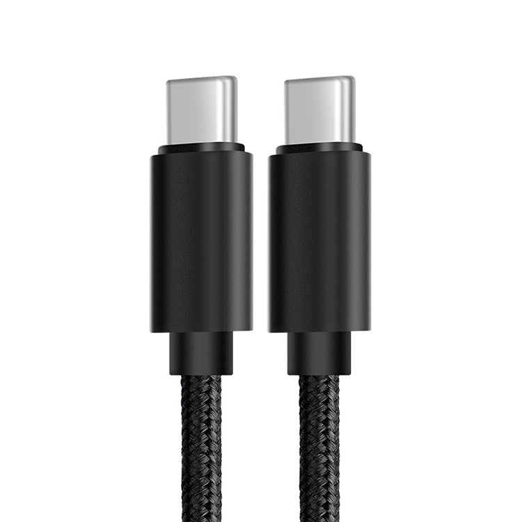 Black braided USB-C to USB-C cable, close-up of two silver USB-C ends