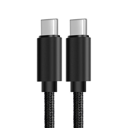 Black braided USB-C to USB-C cable, close-up of two silver USB-C ends
