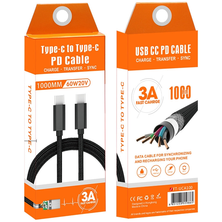 USB-C to USB-C braided charging data cable retail box, orange package