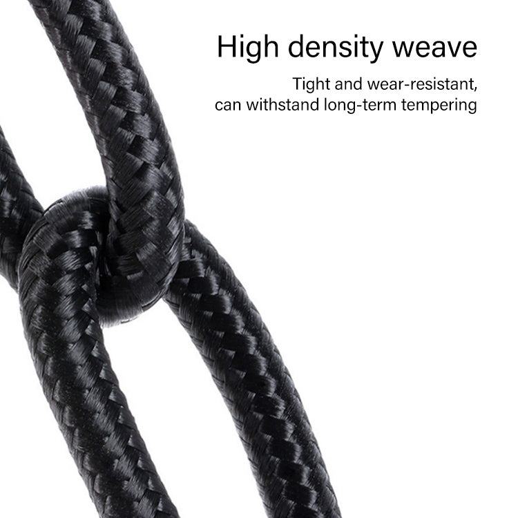 Black braided cable sleeve, close-up of woven texture near the bend
